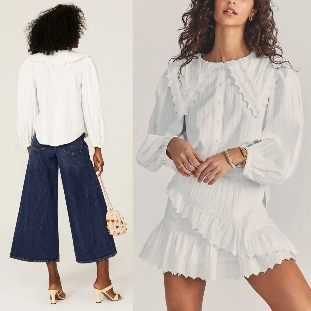 LOVESHACKFANCY Lace Embroidered Oversized Collar Puff Long Sleeve Pintuck Top XS